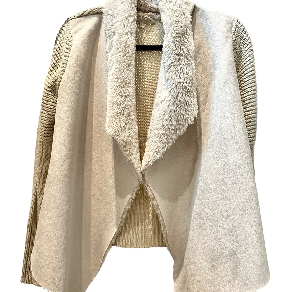 Joan Vass Cozy Faux Suede & Knit Draped Jacket with Faux Fur Trim – Size Medium
